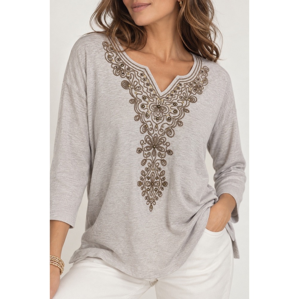Alfred Dunner Womens XL Oatmeal Heather Embellished Studded 3/4 Sleeve Top